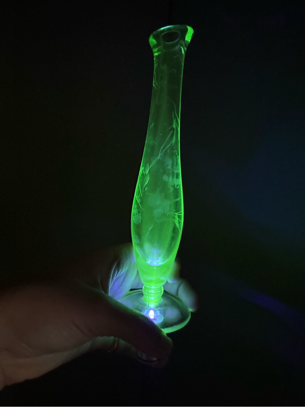 Uranium swung Glass Bud Vase - Glowing Green